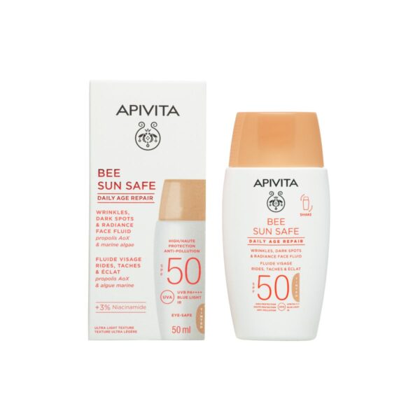 apivita BEE SUN SAFE TONIRANI FLUID ZA LICE PROTIV MRLJA & STARENJA SPF50